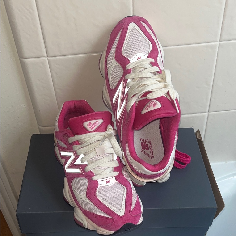 New Balance 9060 Fuchsia and White sneakers